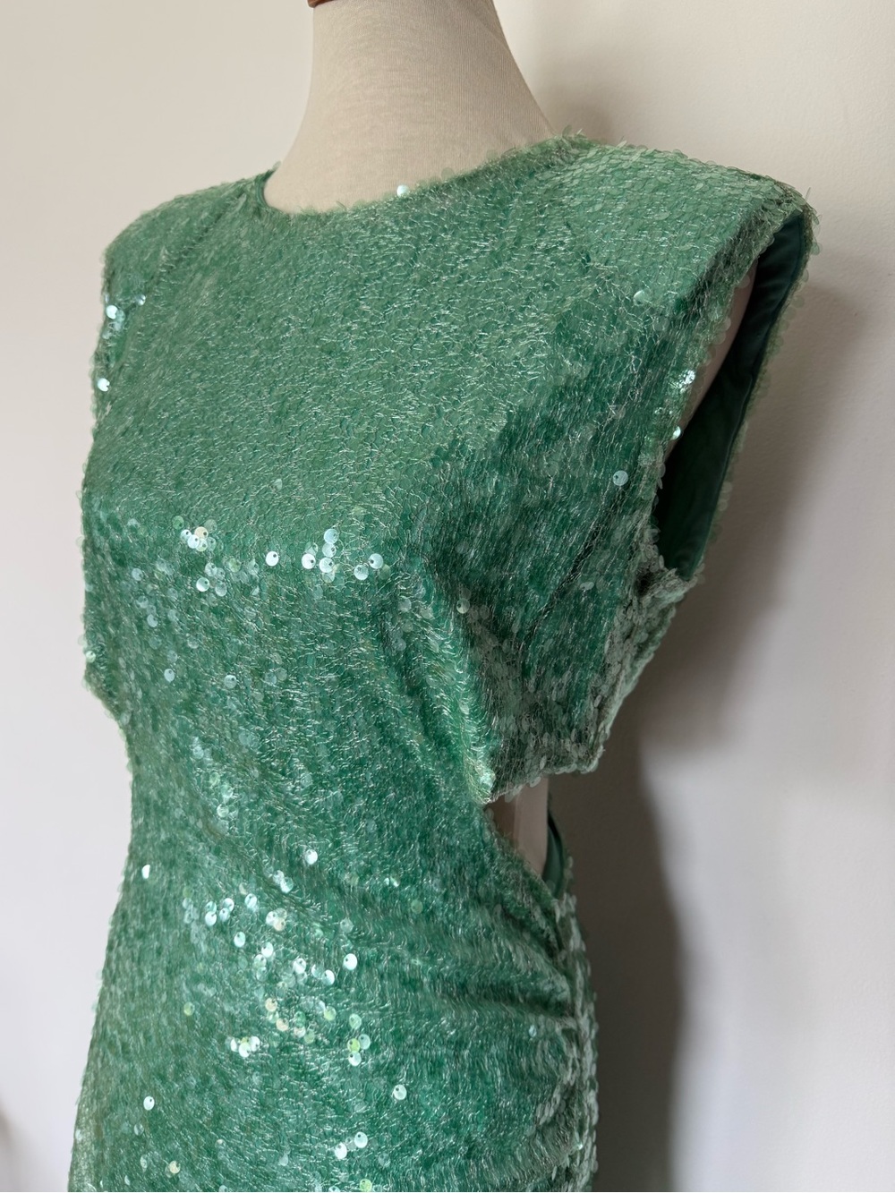NWT Zara Mint Green cut out Sequin Textured midi Dress